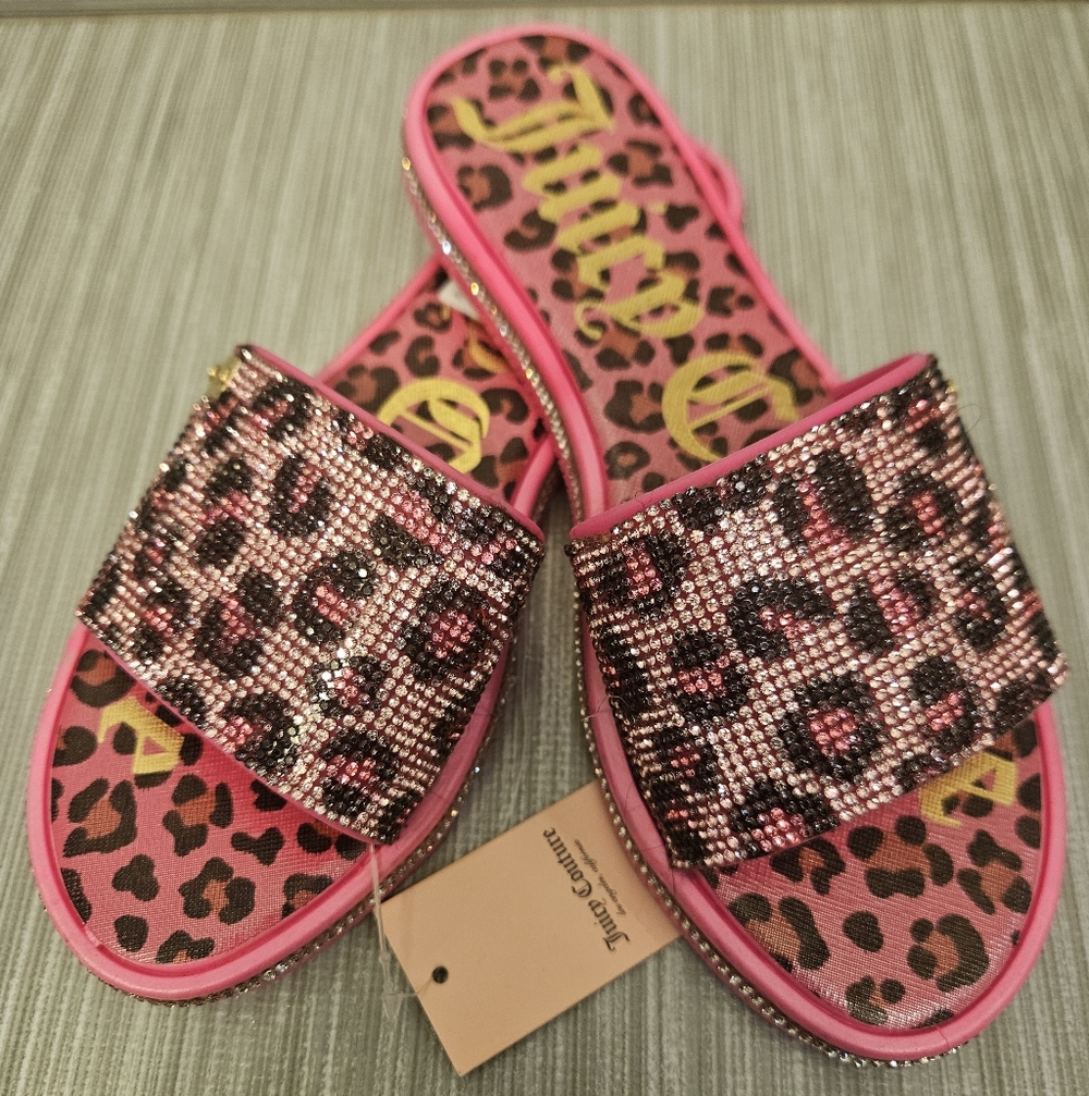 NEW Juicy Couture pink leopard rhinestone slides